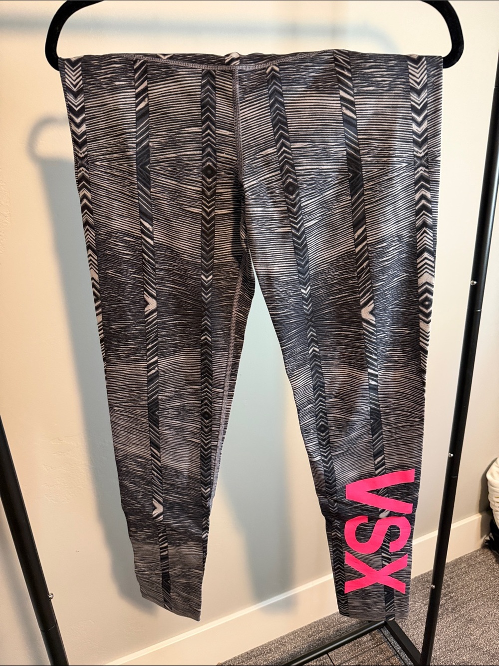 Victoria's Secret Black & Gray Patterned Leggings with Pink VSX Logo
